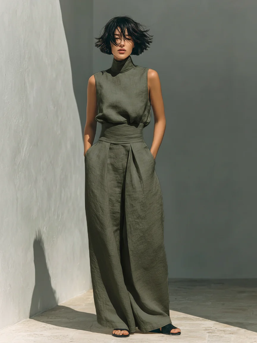 Lynette™ | High-Neck Cotton Top & Wide-Leg Trouser Set