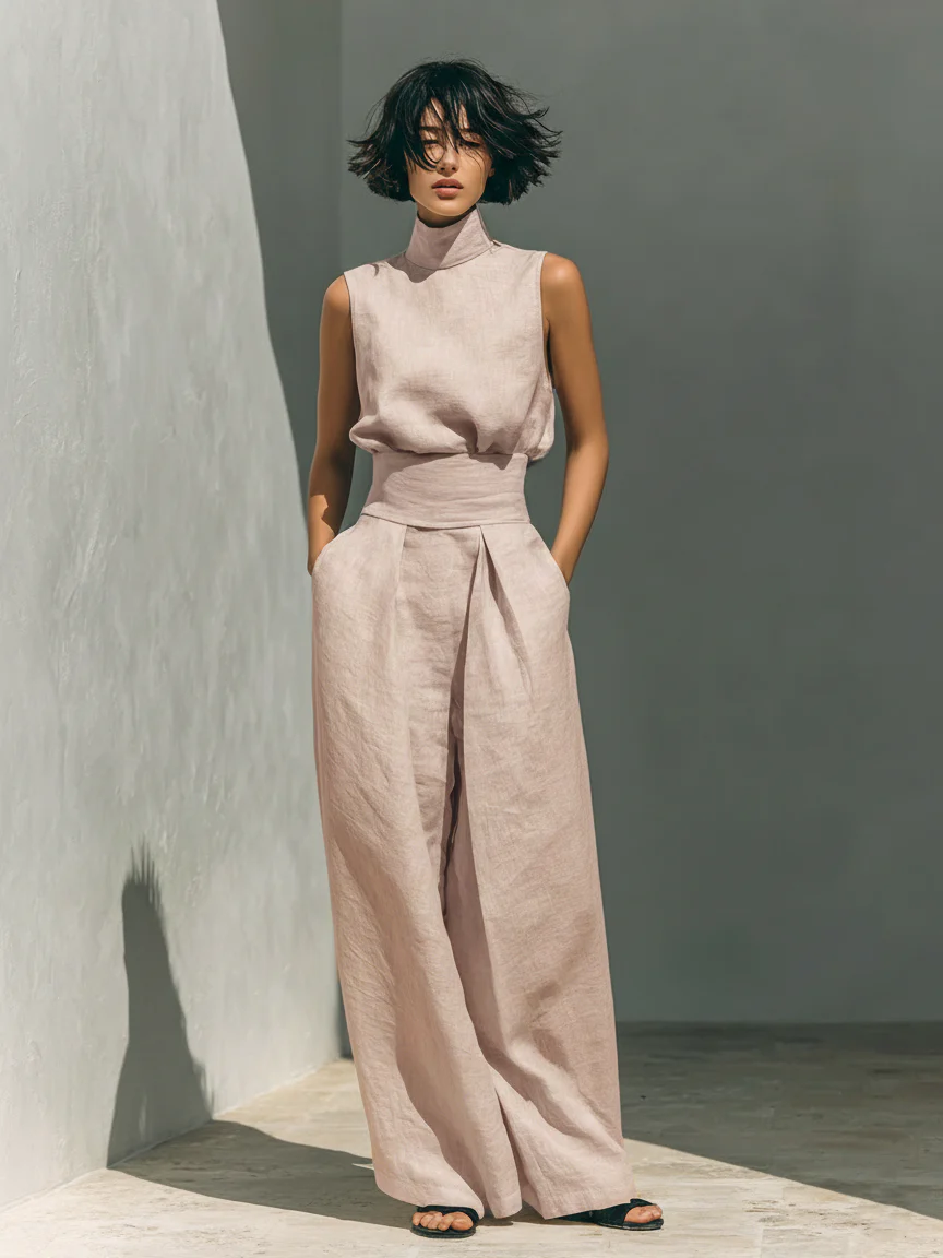 Lynette™ | High-Neck Cotton Top & Wide-Leg Trouser Set