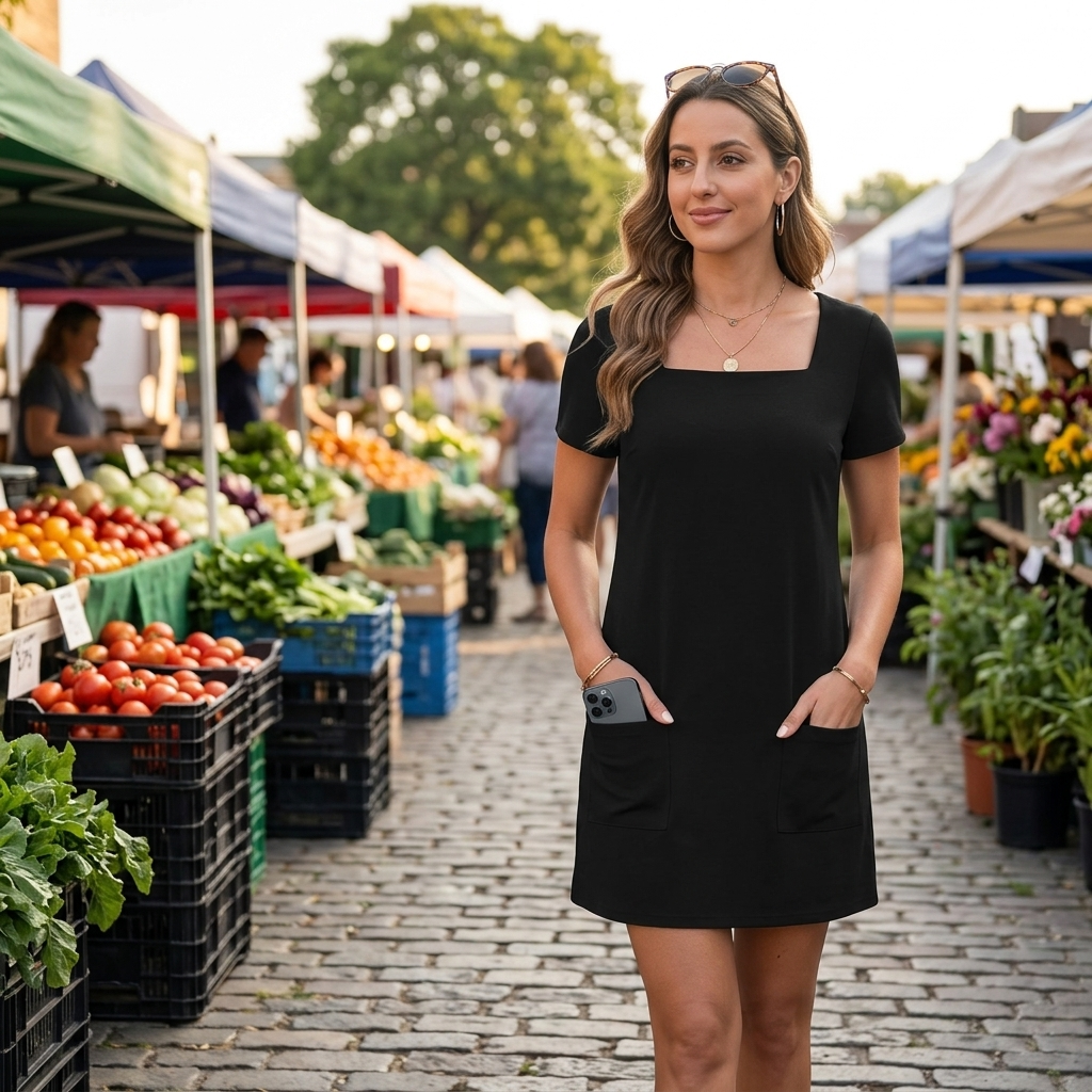 Daylyn™ – Square Neck Jersey Mini Dress with Pockets