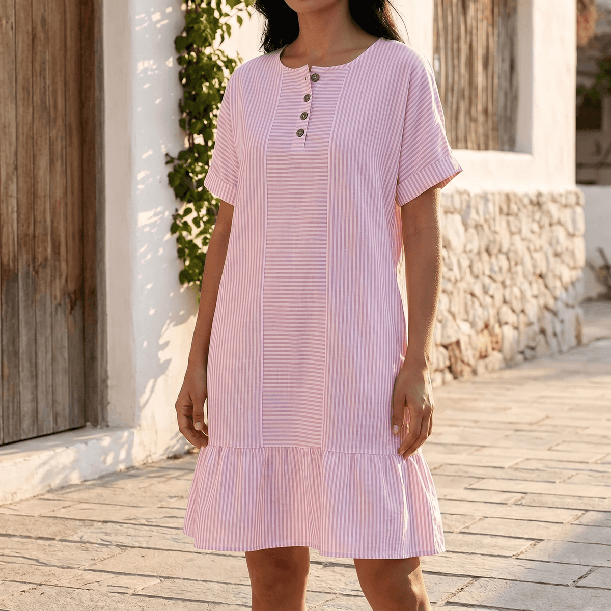 Lunavia™ - Striped Button-Placket Mini Dress with Pockets