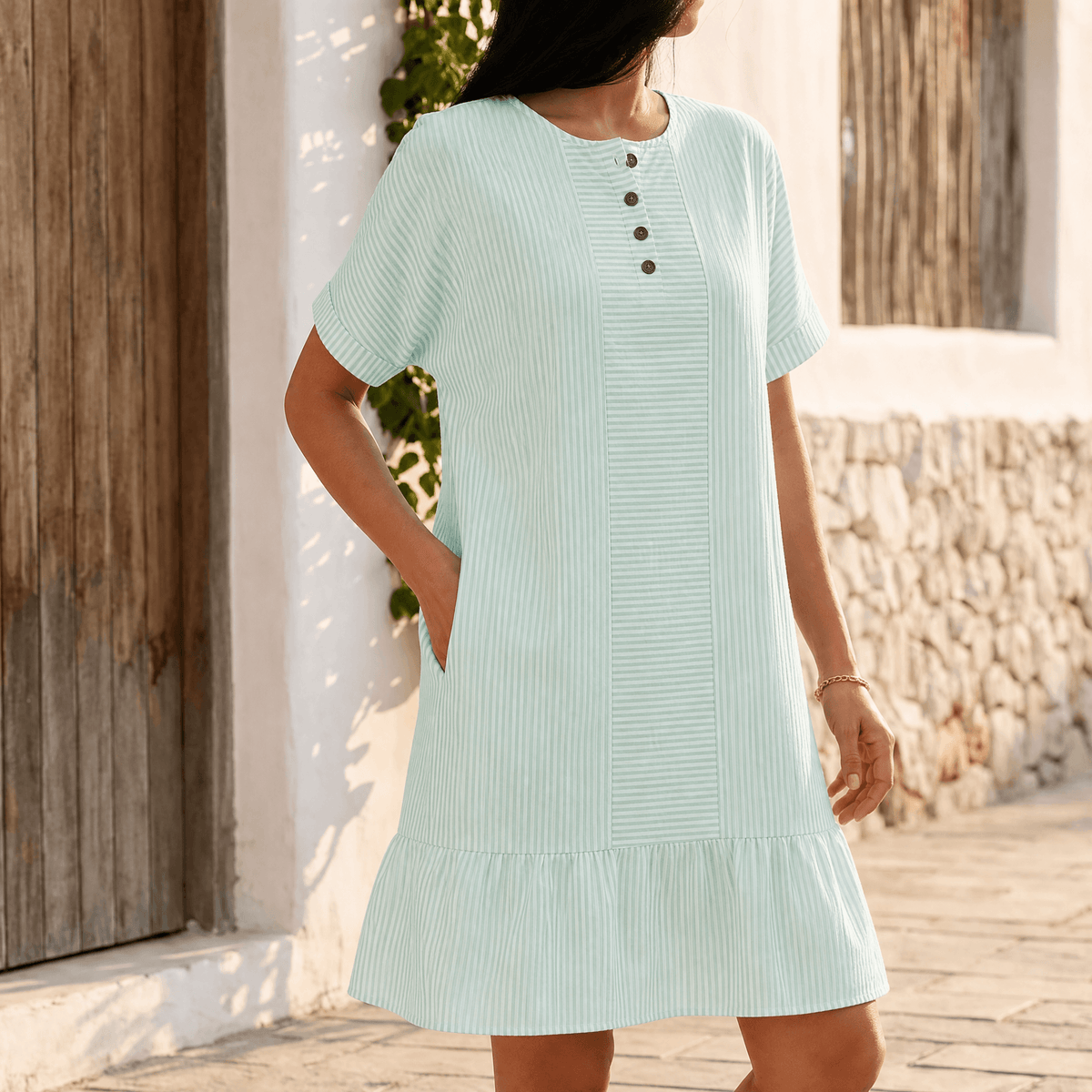 Lunavia™ - Striped Button-Placket Mini Dress with Pockets