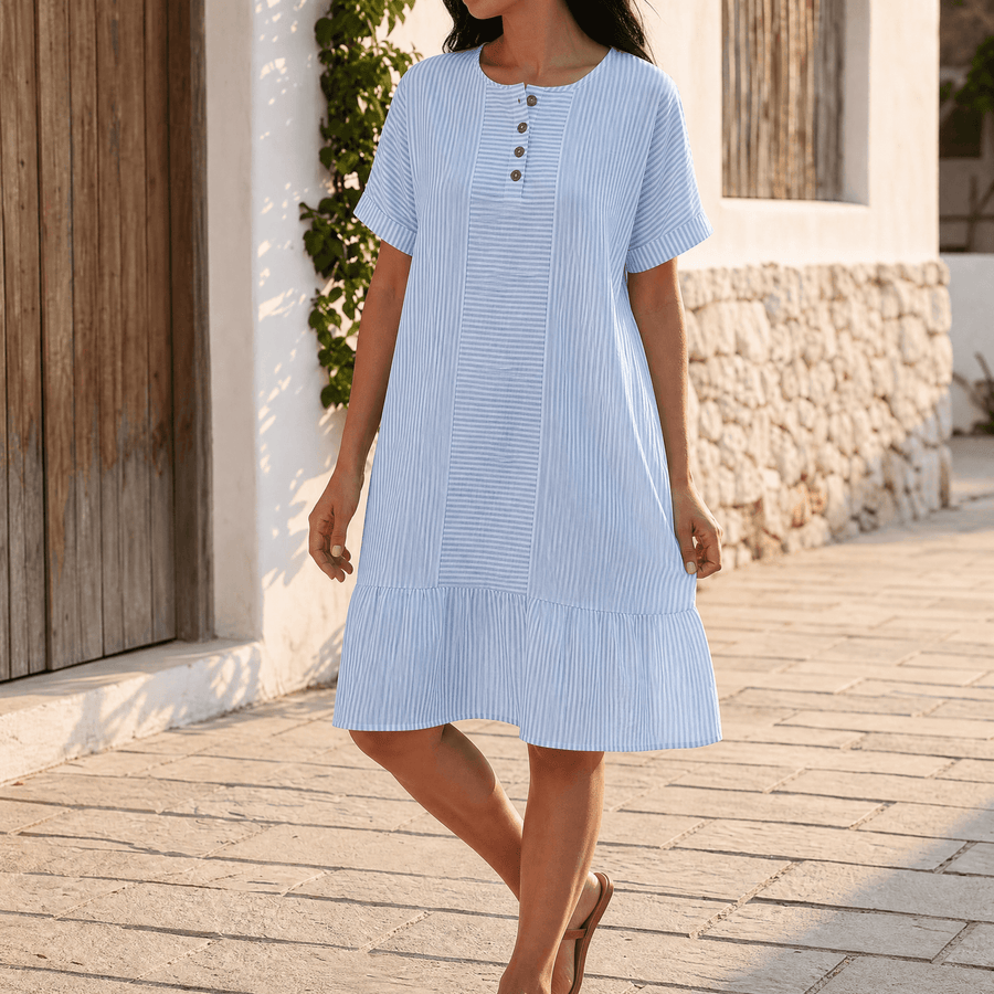 Lunavia™ - Striped Button-Placket Mini Dress with Pockets