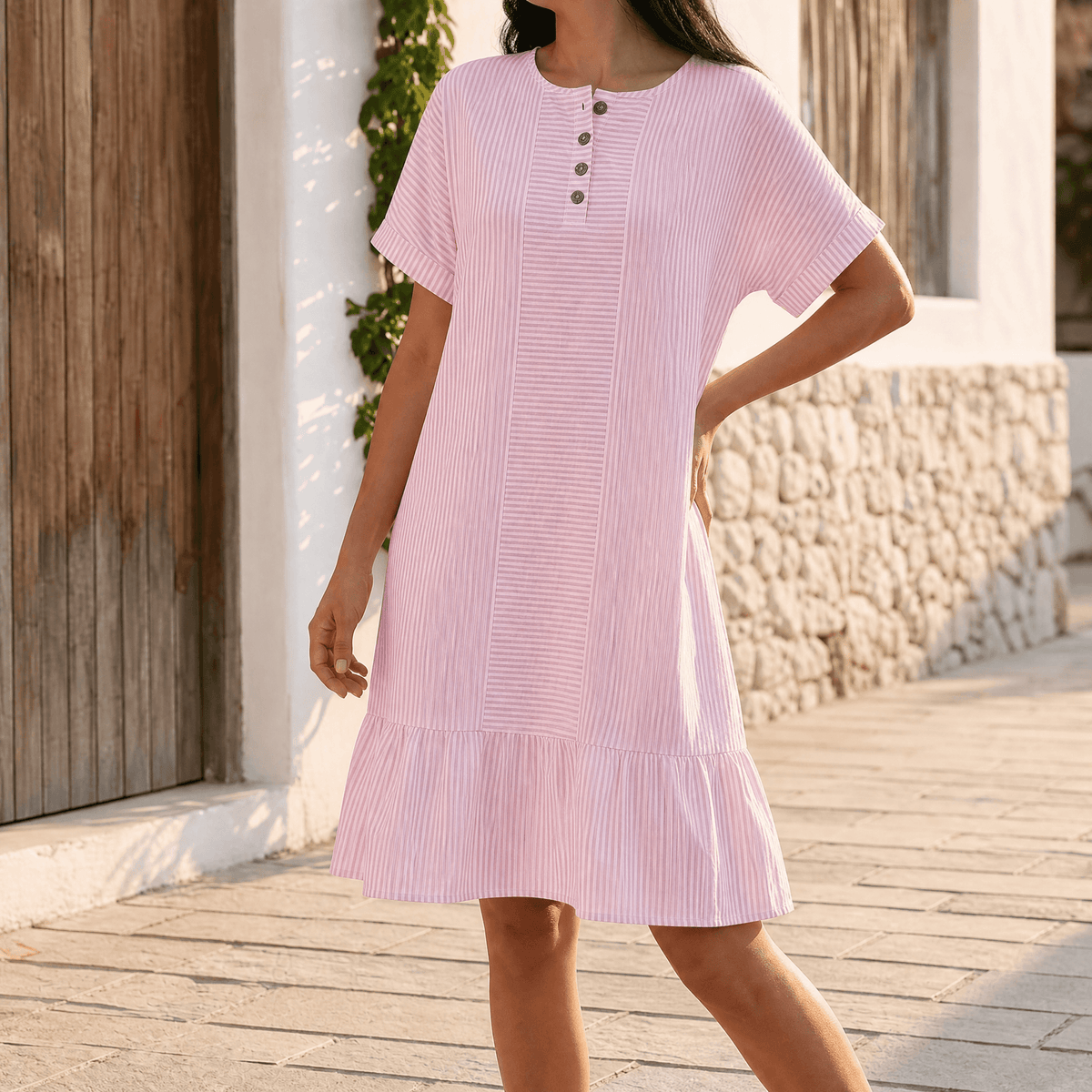 Lunavia™ - Striped Button-Placket Mini Dress with Pockets