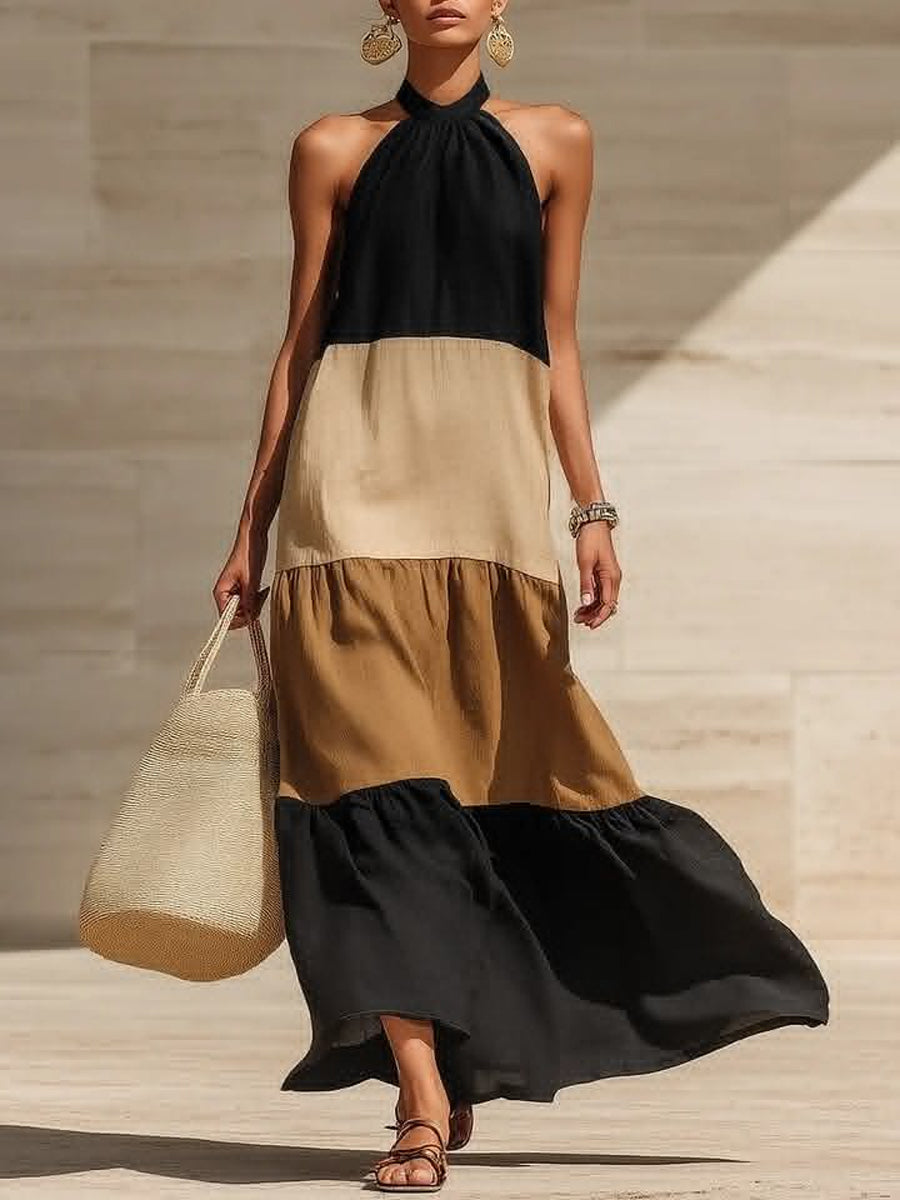 Women's Color-Block Linen Blend Halter Maxi Dress