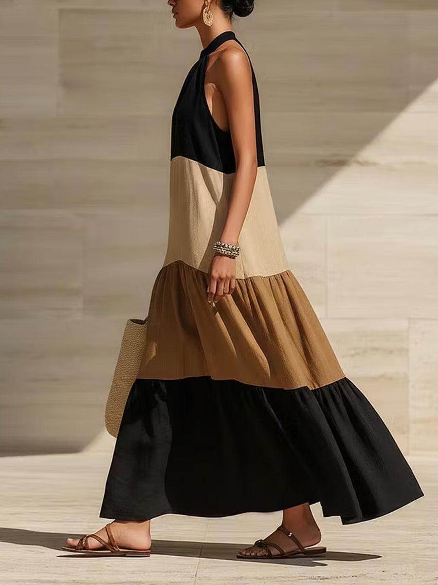 Women's Color-Block Linen Blend Halter Maxi Dress
