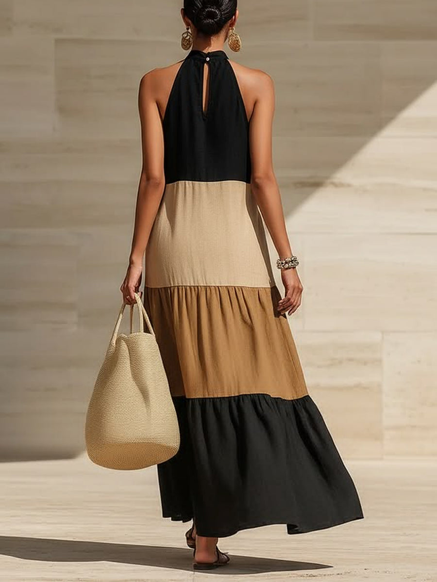 Women's Color-Block Linen Blend Halter Maxi Dress
