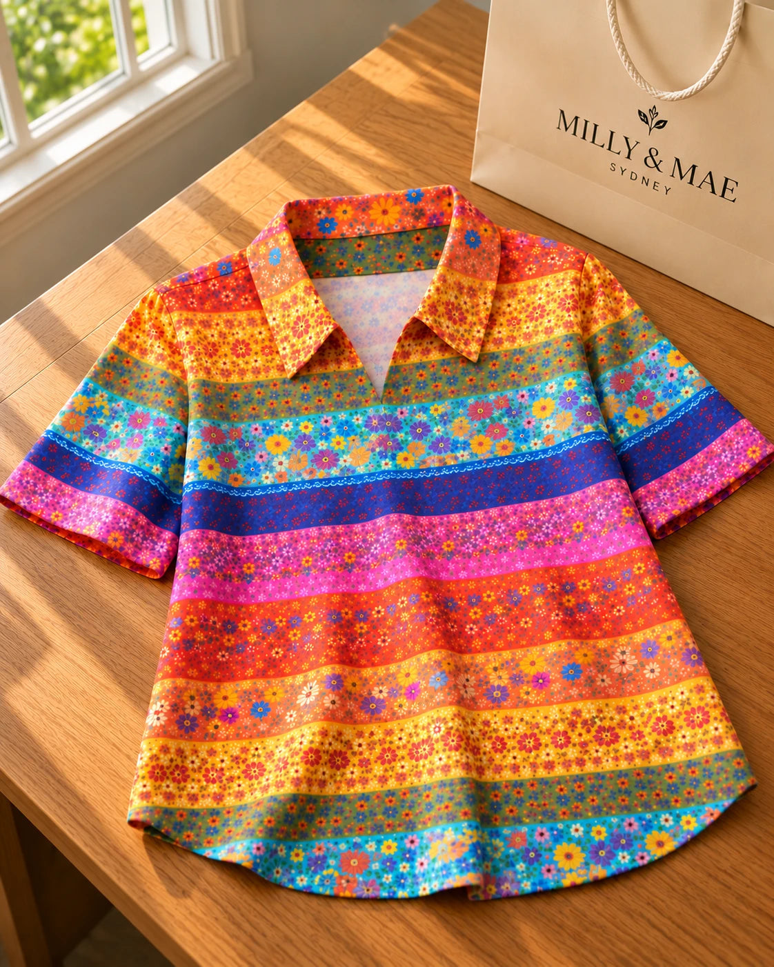 Floral shirt with a Milly & Mae Sydney gift bag